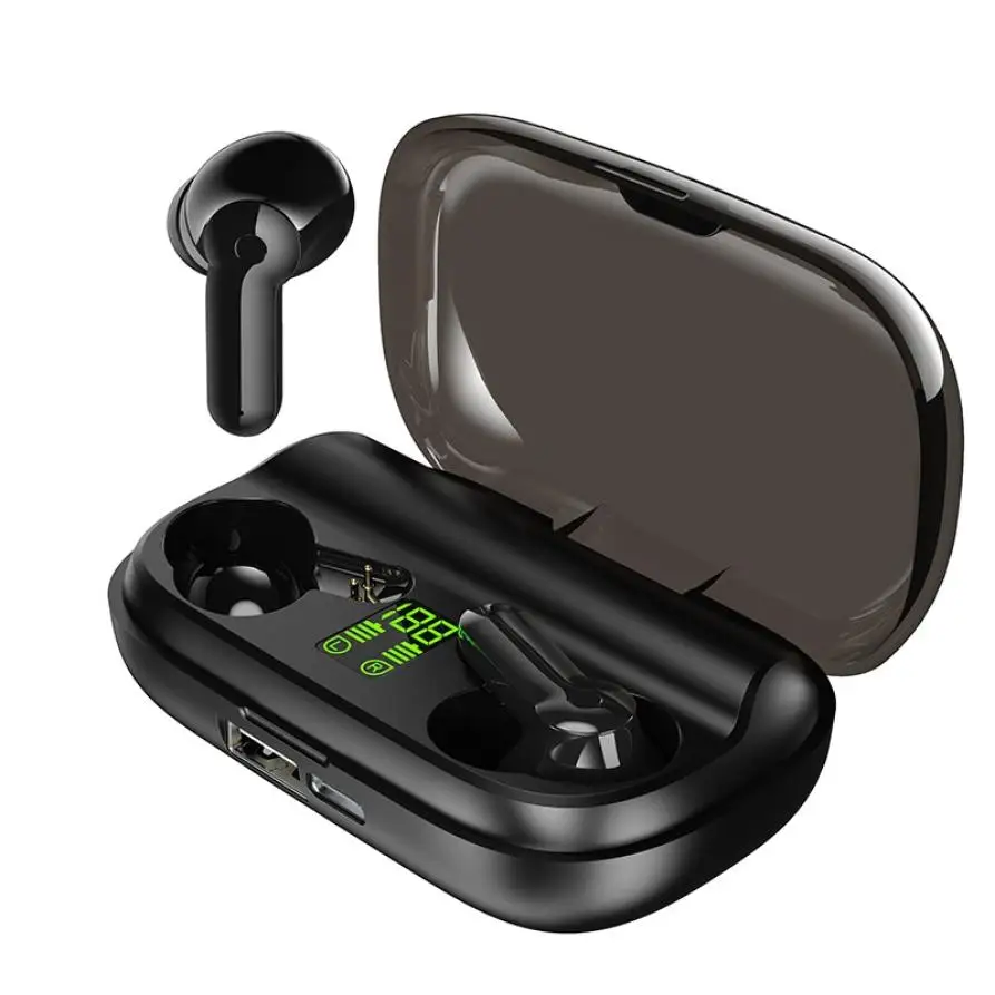 

2021 Newest TWS 5.0 earbud earphone wireless waterproof earbuds sports gaming headset with type c portable charging bin, Black