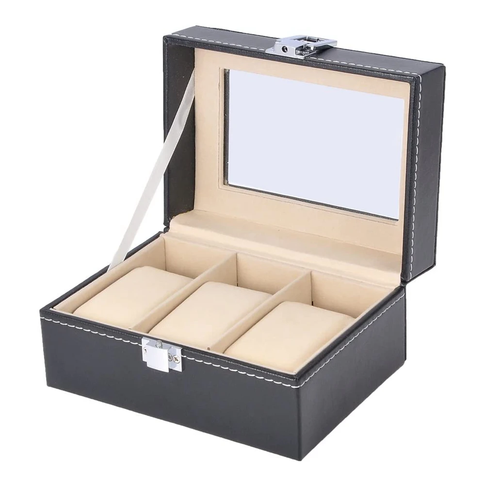 

3 Slot Watch Box PU Leather Lockable Watch Organizer With Bracelet Watches Holder