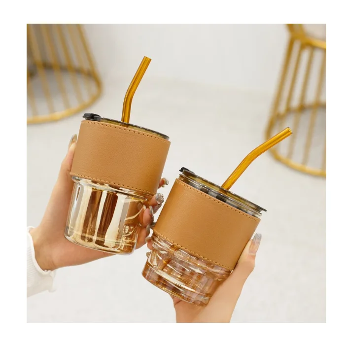 

Ins Style Coffee Cup Glass Mug Cups Tableware Leather Cup Holder