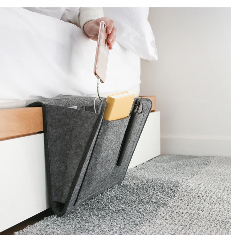 

Convenient Bed Sofa Desk Hanging Organizer Felt Bedside Storage Bag with Pockets, Light grey,dark grey