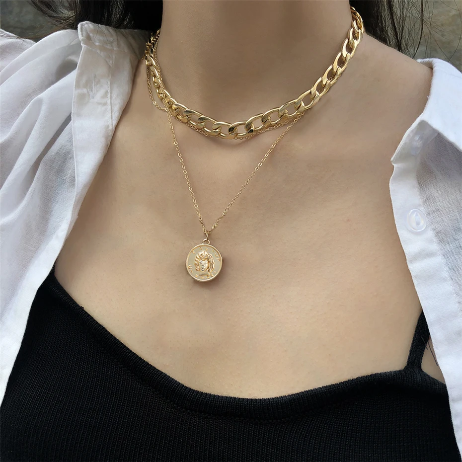 

Hip Hop Party Vintage Thick Choker Chain Jewelry Gold Alloy Coin Pendant Necklace For Girls, Gold color