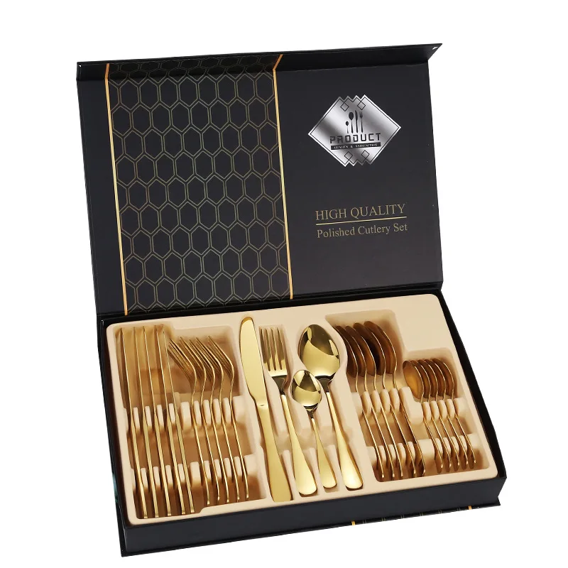 

Factory wholesale wedding tableware spoon fork knife 24pcs gold cutlery set with gift box stainless steel flatware sets