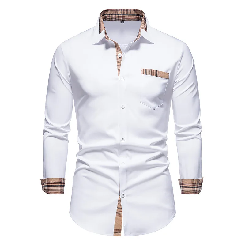 RNSHANGER Autumn Plaid Patchwork Formal Shirts for Men Slim Long Sleeve White Button up Shirt Dress Business Office Dress Shirts