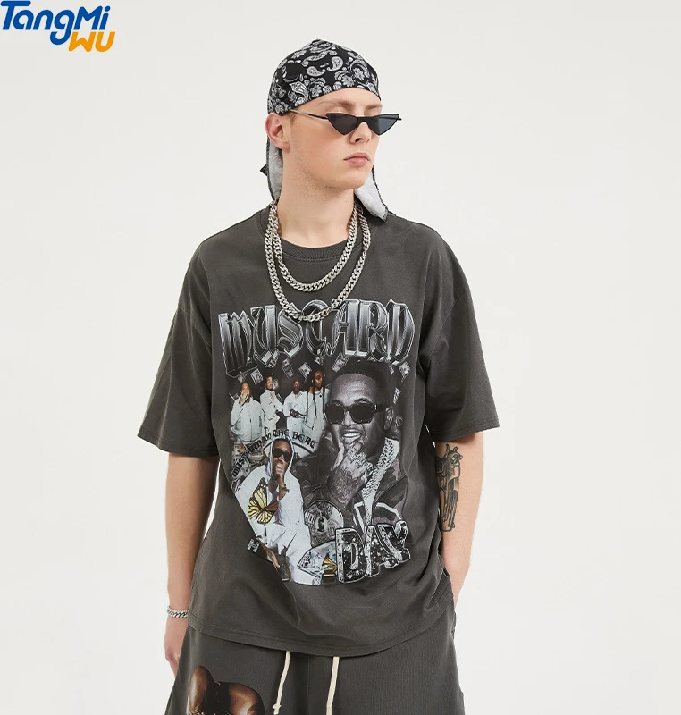 

2021 Summer new product rap graphic printing o-neck loose short sleeve fashion high street Vintage tee shirts men