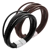 

inox Wrist Magnetic Bulk OEM Real Black Customized Wholesale Braided Male Mens Genuine Leather Bracelet