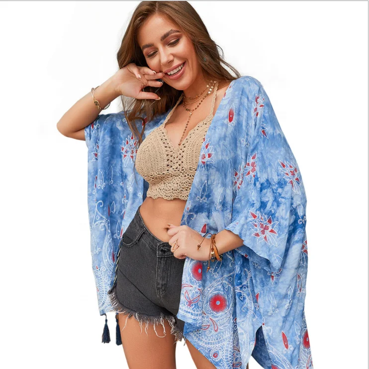 

Accept custom cotton beach blue print tassel loose kimono, Blue or custom