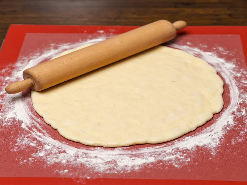 Rolling pie dough on vinyl mat with rolling pin