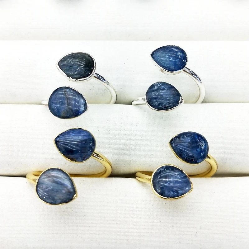 

Wholesale double kyanite quartz rings teardrop blue gemstone rings gold and silver plated rings for women elegant Christmas