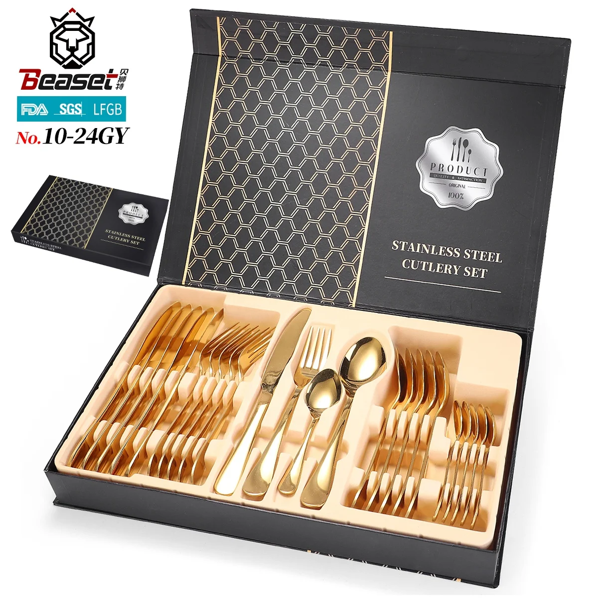 

Amazon Hot sales 24pcs Royal stainless steel silver and gold cutlery set flatware sets gold cutlery
