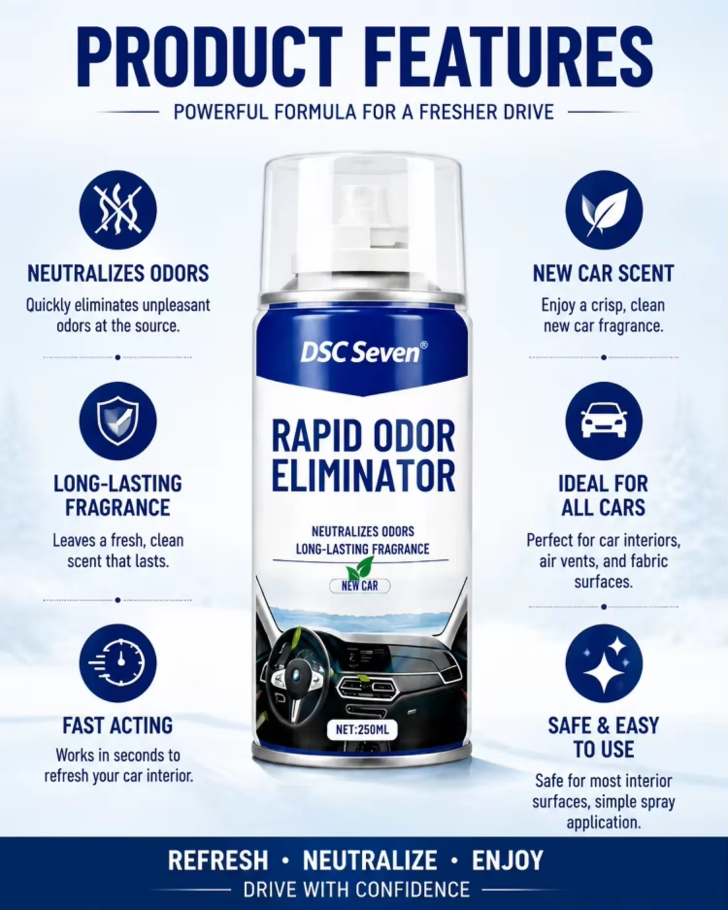 Car Odour Bomb Rapid Odor Eliminator Spray Neutralizes Bad Smells Long Lasting Fragrance