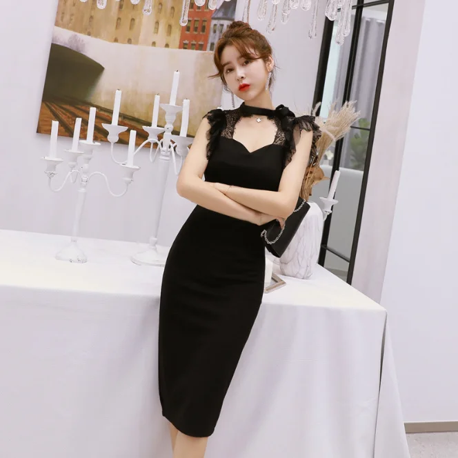 

Summer Women Cocktail Party Dresses Sexy Cut-out Lace Wrapped Chest Slim Black Dress