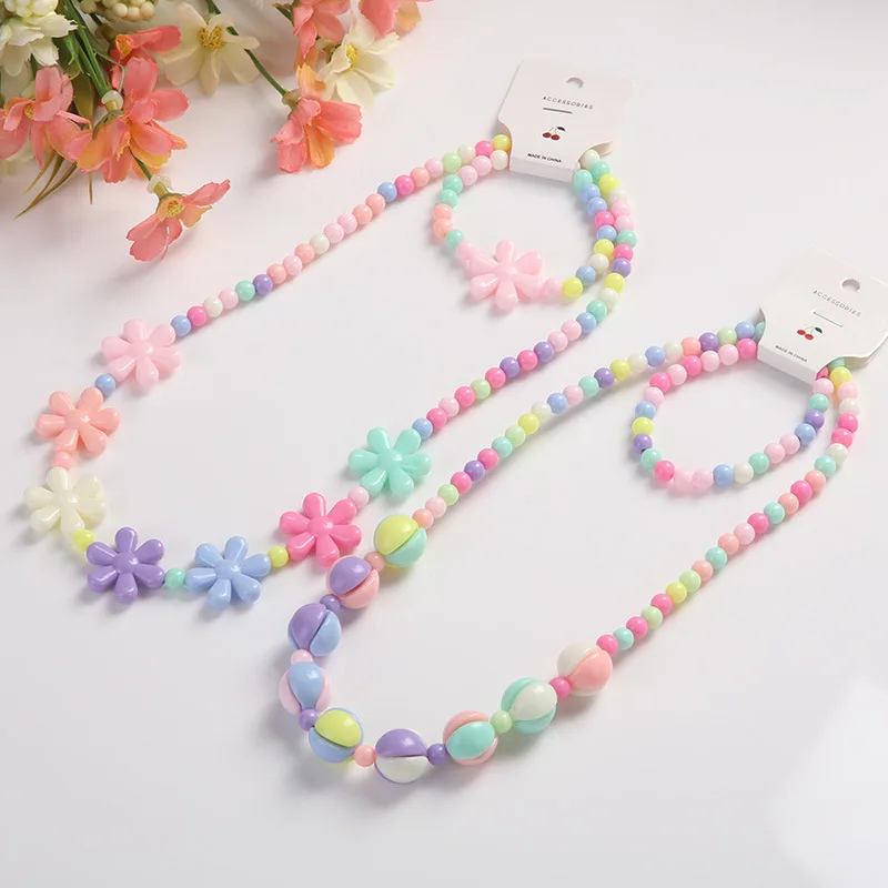 

High Quality Beautiful Kids Beaded Jewelry Set Colorful Beads Kids Jewelry Bracelet And Necklace Set Flower Jewelry For Girls