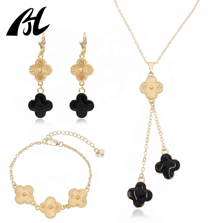 

High Quality Custom 18K Gold Plated Women's Jewelry Set Charm French Enamel Black Clover Necklace Pendant Earrings Bracelet Sets, 24k gold plated platinum plated rose gold plated