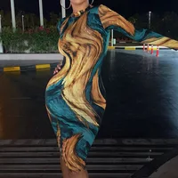 

R10519S Women's new style print sexy bag hip long sleeve dress