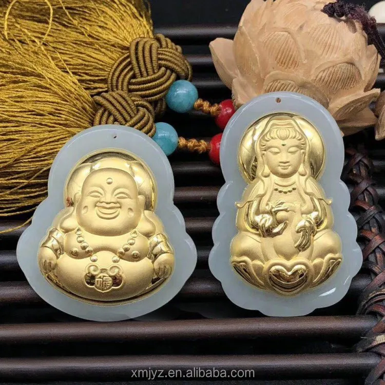 

Certified Large Gold Inlaid Jade Pendant Hetian Jade Pure Gold Guanyin Buddha Men And Women Necklace Group Shopping Mall Supply