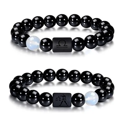 

Natural Black Onyx Stone Bead Bracelet for Men Women Zodiac Bracelet for Couple, Picture shows