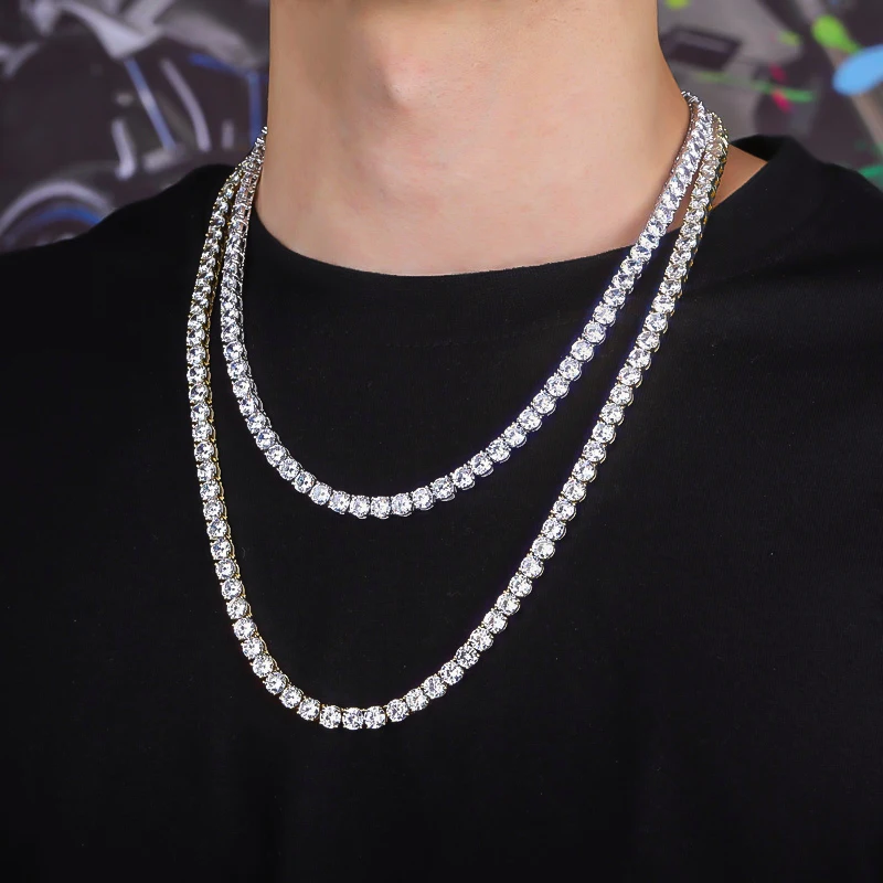 

Hip Hop Jewelry Mens Iced Out Chain Stainless Steel Diamond Tennis Necklace, Silver