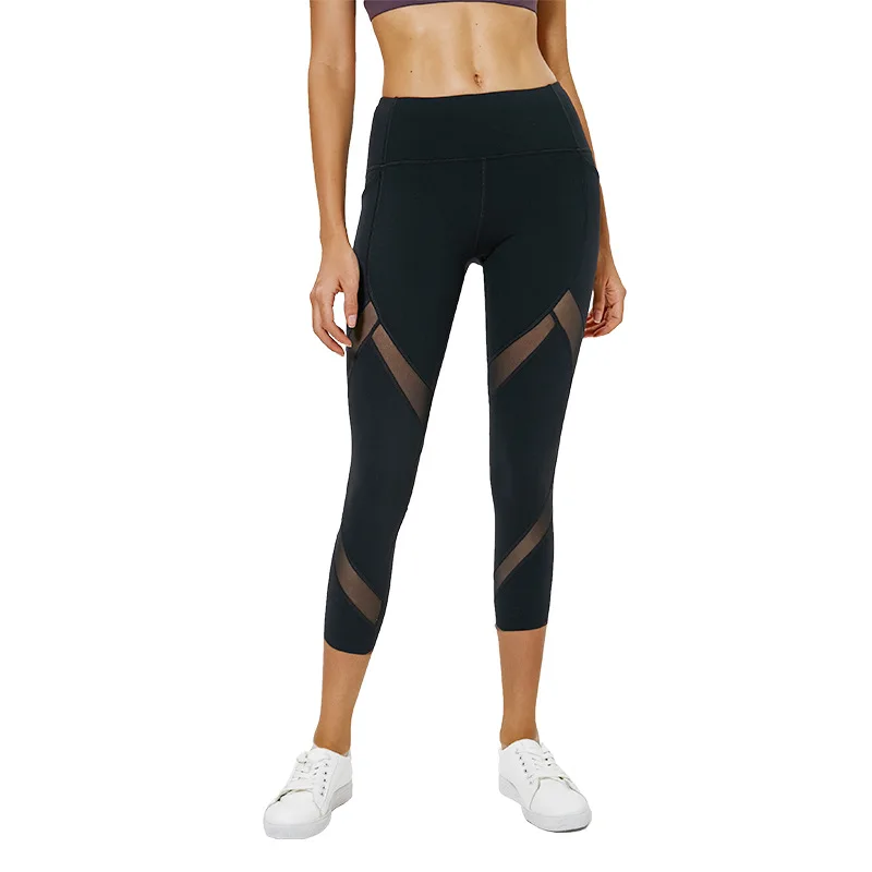 

High Quality Fitness Leggings Women Yoga Tight Pants Custom Lace Up Sheer Mesh Cropped Trousers