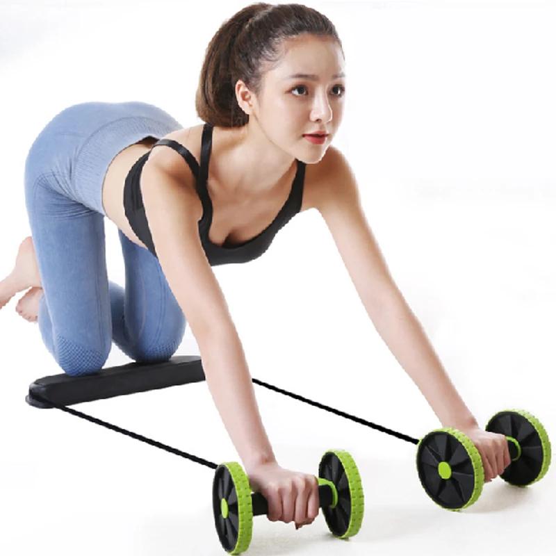 

New Design Workout Exercise Equipment Body Fitness Sport Double Ab Wheel Roller Resistance Band, Green and black