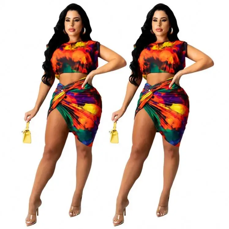 

CATHY High Quality Printed Sleeveless Two Piece Summer Short Set Summer Draped Two Piece Skirt Set