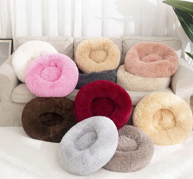 

Long Faux Fur Pet Bed Comfortable Waterproof Plush Donut Round Dog Bed Dropshipping Soft Washable Cat Bed Removable Pet Cushion, Multi