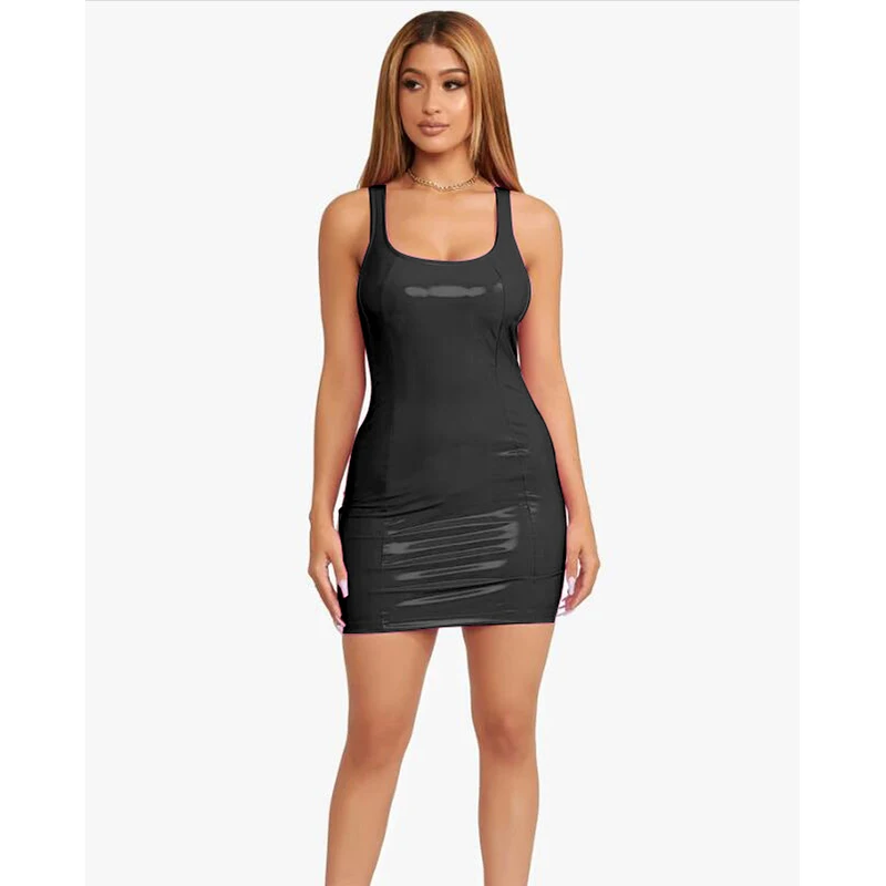 

PU Leather Sexy Bodycon Dresses Woman Party Night Club Wear Summer Dress Black Mini Bandage Dress, Black/green/red/blue