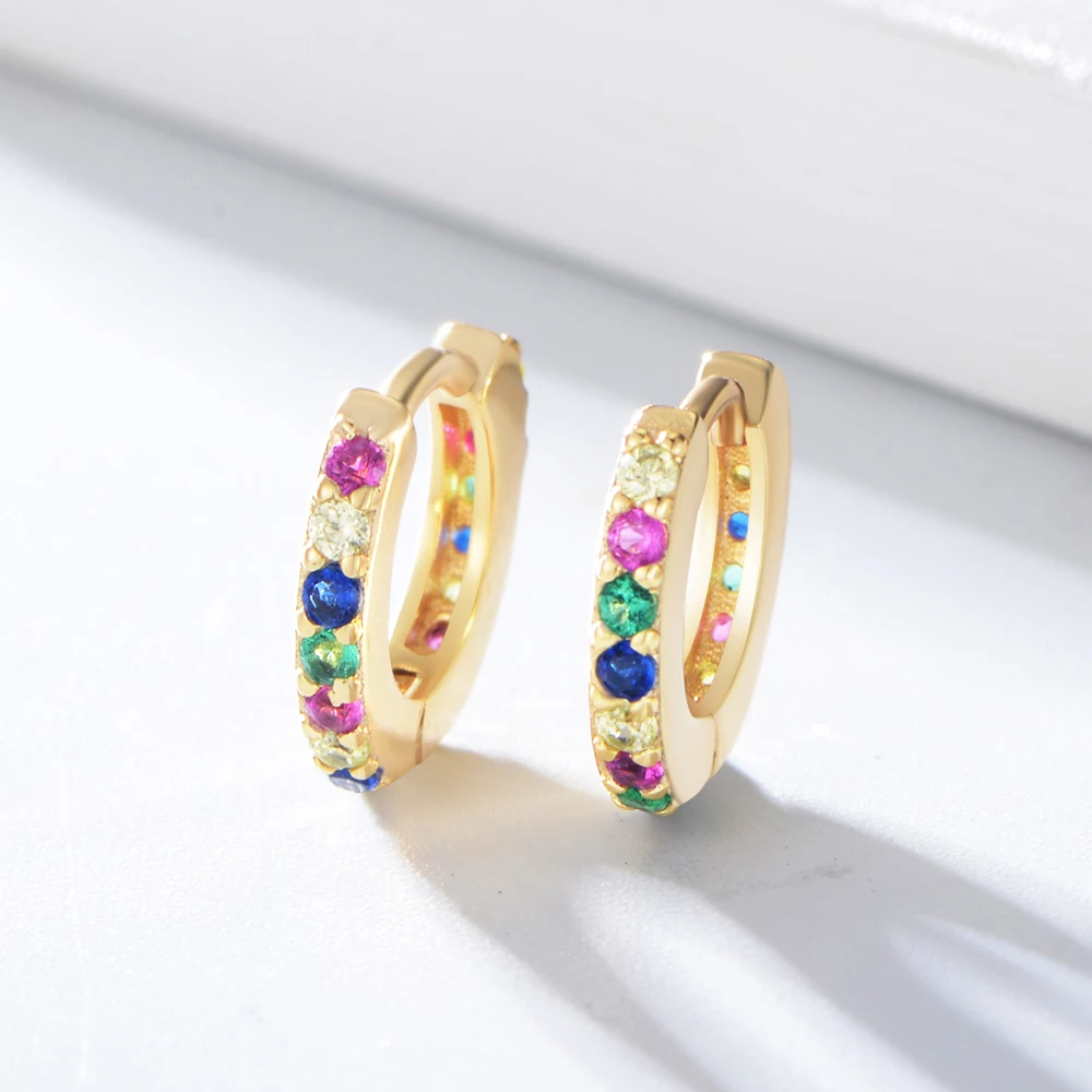 

Peishang Women 925 Sterling Silver Gold Plated Zircon Rainbow Huggie Earrings Fashion Hoop Earring Jewelry