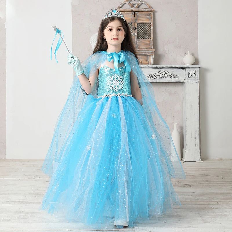 

Princess Girls Halloween Birthday Party Ball Gown Dress with Cape Ice Snow Queen Costume Sequins Kids Elsa Tutu Dress for Girls