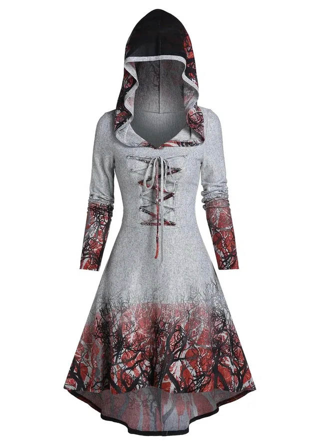 

Print Hooded Lace-up High Low Dress Women Gothic Dress Long Sleeve Casual Mid-calf Party Dress Fashion Clothes