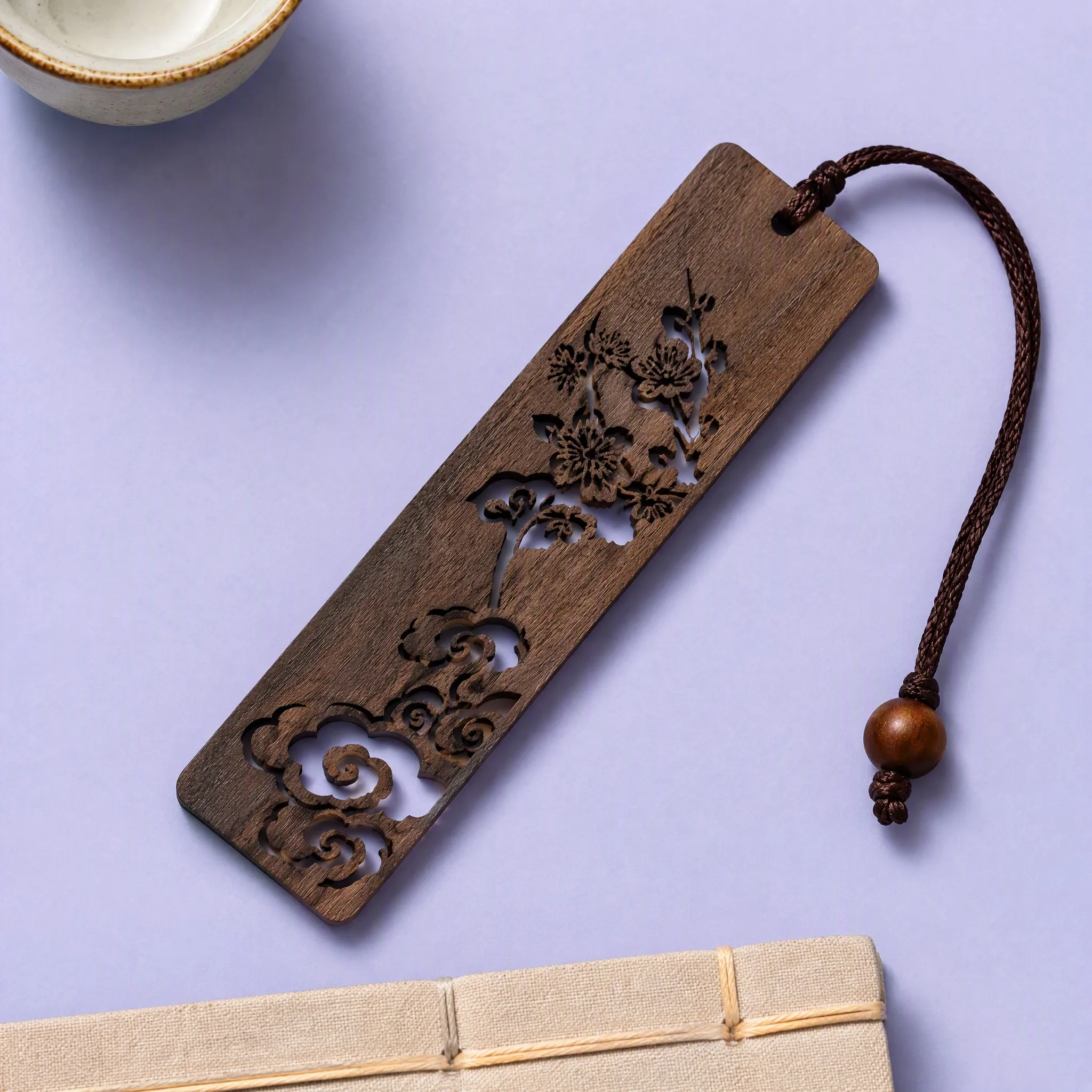 Custom Black Walnut Hardwood Laser Cut Floral Bookmark with Wooden Bead Cord