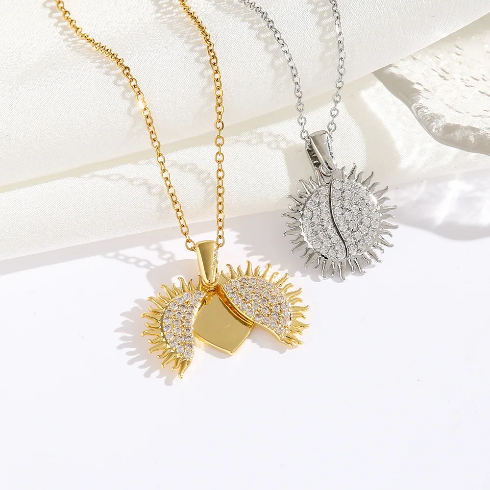 

Sun Flower Necklace Brass Zircon Love Engravable Openable Pendant Necklace Stainless Steel Chain Necklace for women
