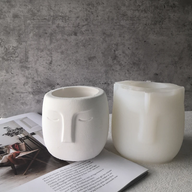 

J295 New Design INS Style Cement Creative Portrait Plaster Concrete Cement Planter Vase Mould Face Flower Silicone Pot Mold, White