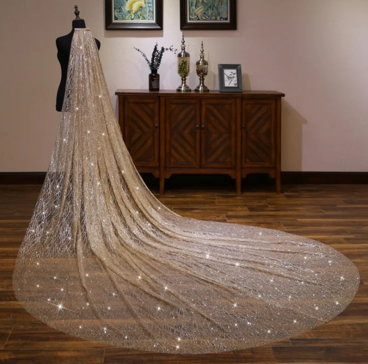 

Champagne Gold Silver Lurex Luxurious Internet celebrity Long trailing tail Wedding Bridal Veil