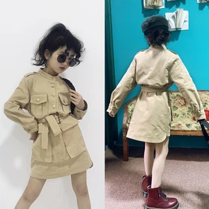 2020 Long Sleeve Solid Military Style Khaki Dress with Belt Cute Fashion Girl Dress with Buttons and Pockets for Spring Autumn 2
