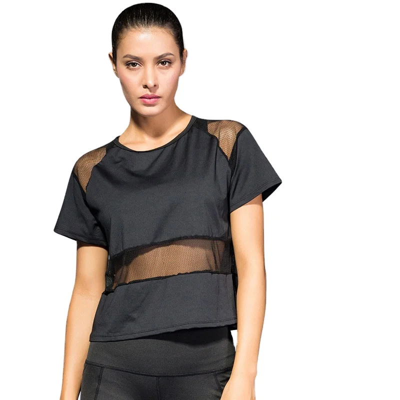 

Women's Mesh black yoga top loose casual running fitness t shirt quick-drying breathable sports blouse activewear plus size, Picture shows