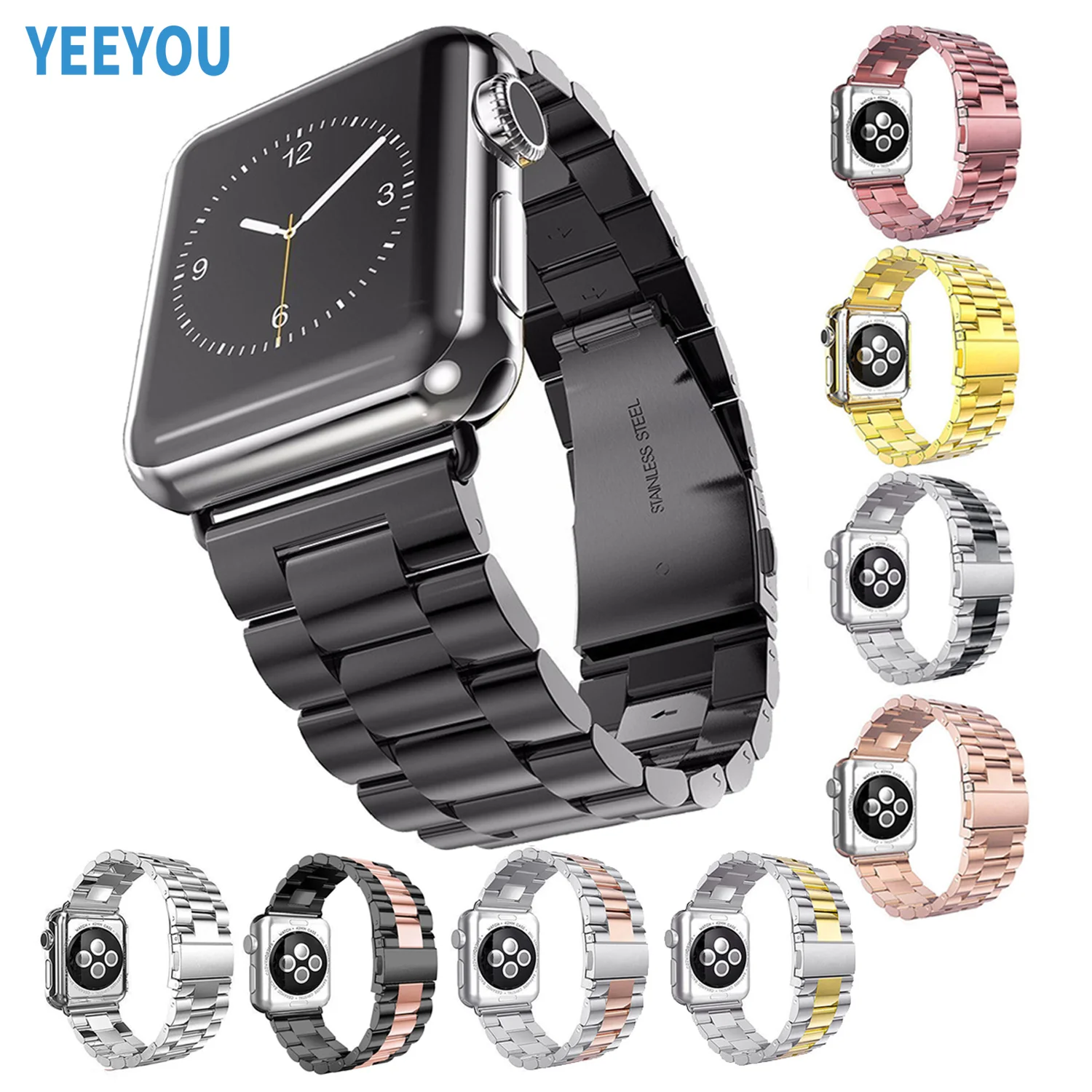 

Luxury Design Smart Band 3 Beads Stainless Steel Link Watch Bands Metal Bracelet for Apple Watch Strap 38 mm 42 mm iWatch Series, Multi-color optional or customized