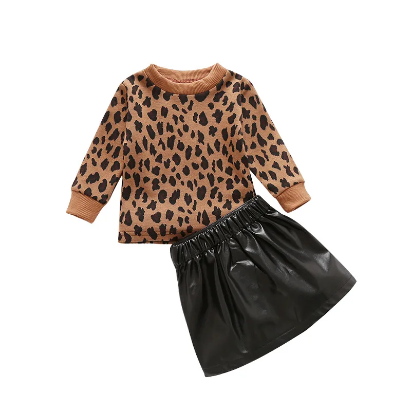 

2021 Spring long sleeve Brown leopard print yarn dyed jacket leather zipper skirt two pieces set girls dresses for Autumn, As pic shows, we can according to your request also