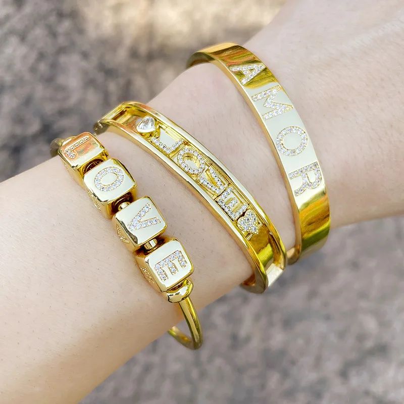 

Fashion Diamond Monogram Opening Bracelet DIY Gold Plated Inlaid Rhinestone Cube Letters Bracelets For Women