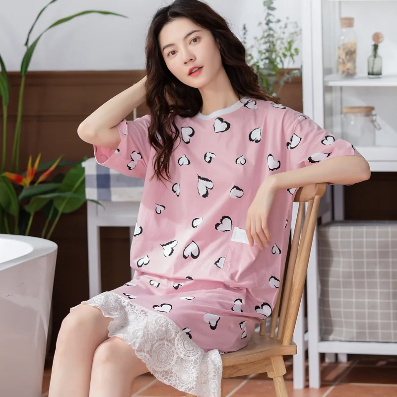 

100% cotton women's sleepwear Short sleeved pajamas for women cotton thin lace side dress lovely girl dress home wear, Pink