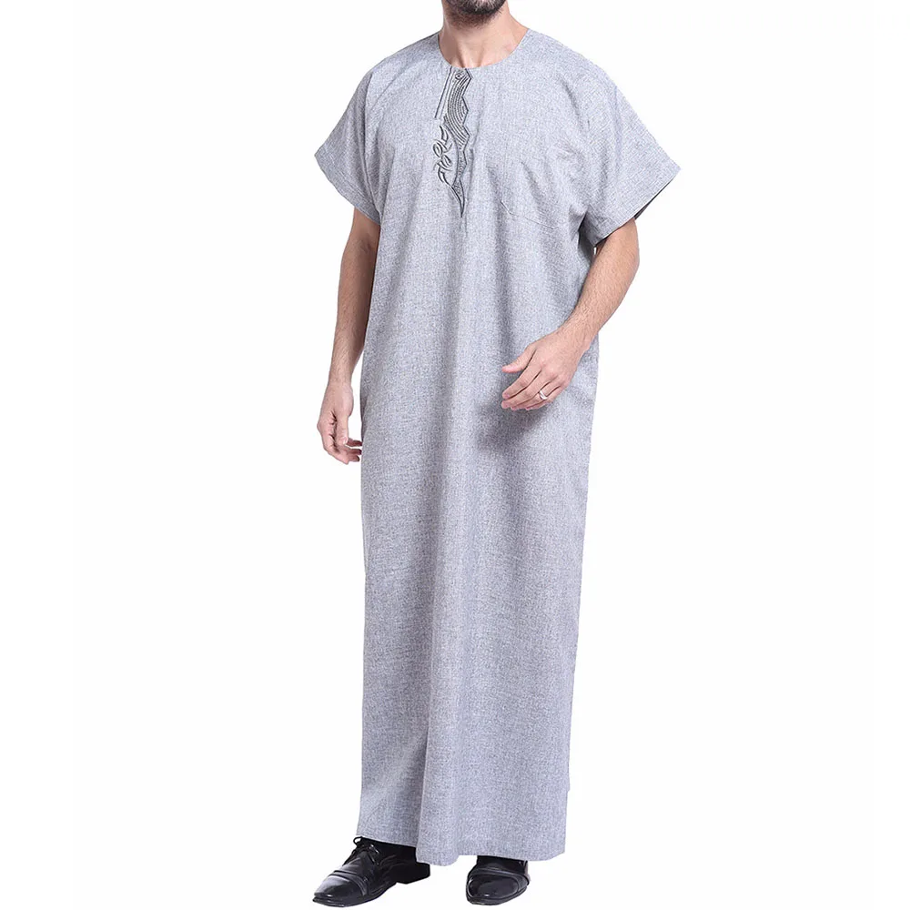 Men Islamic Clothing Muslim Kaftan Short Sleeve Dubai Saudi Arabia Men Embroidery Linen Jubba Thobe