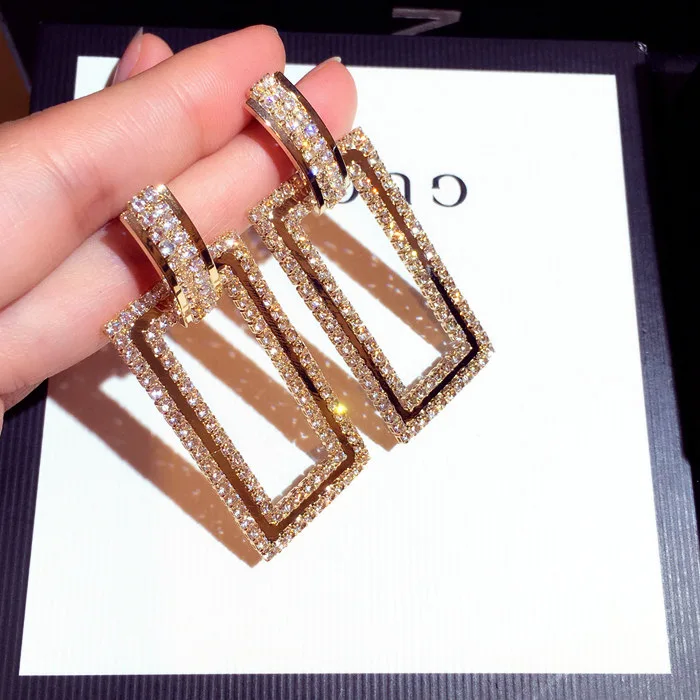 

New Direct Sales Fashion Women'S Accessories Earrings Long Dinner Style Geometric Rectangle Diamond Pendant Earrings, Picture shows