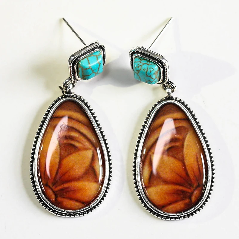 

European Ethnic Luxury Jewelry Turquoise Drop Dangle Earrings Silver Plated Sun Flower Waterdrop Earring For Women