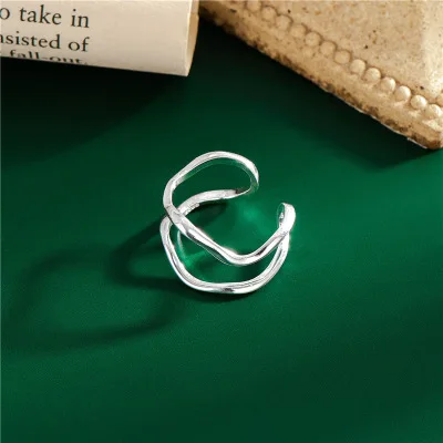 

Ins Simple S925 Sterling Silver Double Twisted Lines Rings Open Adjustable Double Finger Rings For Women Men