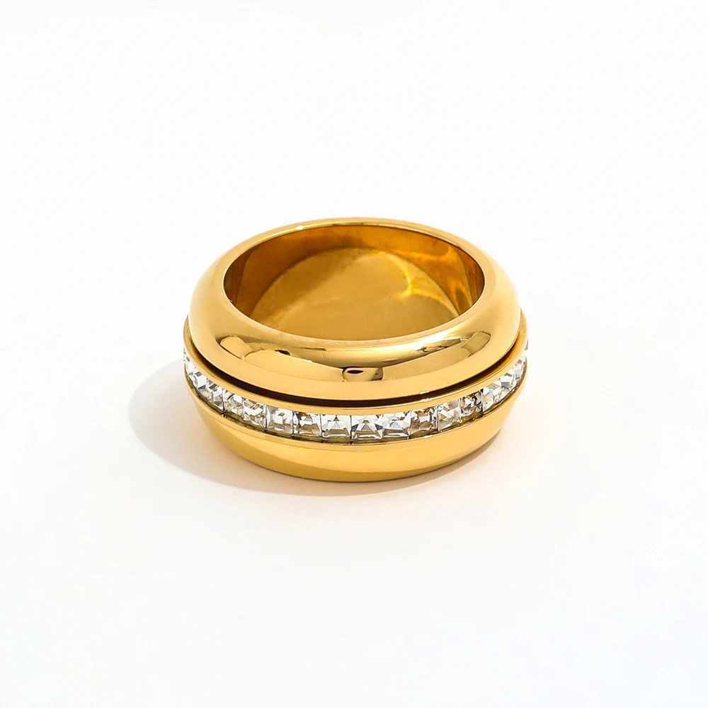 High End 18K Gold Plated  Waterproof  Plain Gold Zirconia Pave Rotatable Stainless Steel  Spinner Spin Fidget Anxiety Rings