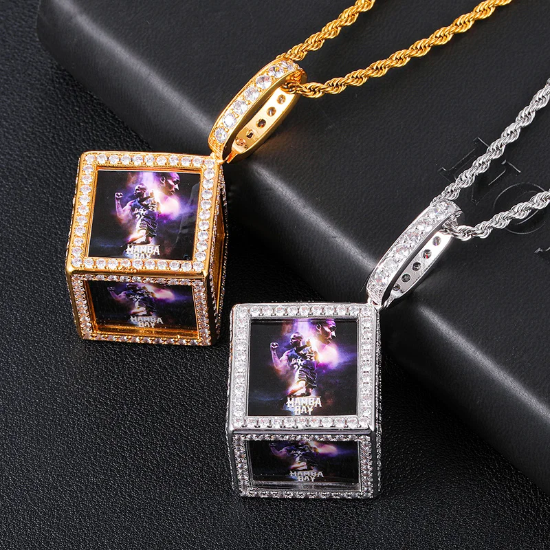 

Diamond Cube Photo Pendant For Men Women In White Gold Daily Gift Zircon Prong Setting Brass Pendant Necklace Hip-hop Jewelry, Yellow gold/white gold