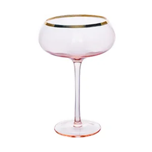 Image of Mouth Blown Elegant Pink Wine Goblet Champagne Glass Set with Gold Trim