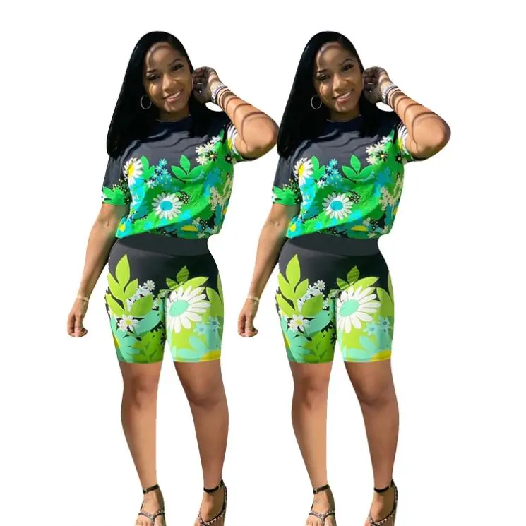 

MISSMOEN Amazon 2021 Leaf Flowear Print Summer Casual T Shirt Sets Women Clorhing Shorts Two Piece Set