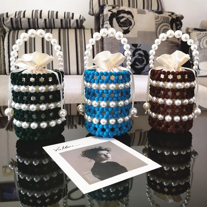 

Trendy Top Quality Clutch Shoulder Handmade Tote Bag Pearl Mini Bucket Beaded Clutch Bag Stone Purse Wedding Evening Handbag, Blue/black/brown