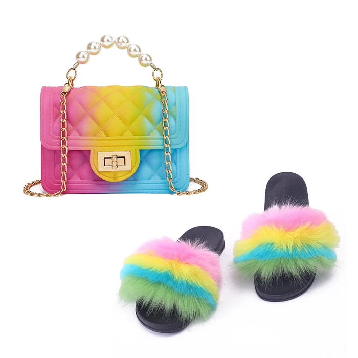 

2021 Main New Designer Women Mini Pvc Bags Handbags Fur Slides And Matching Jelly Purse Fur Slides With Purse Set, 7 colors available