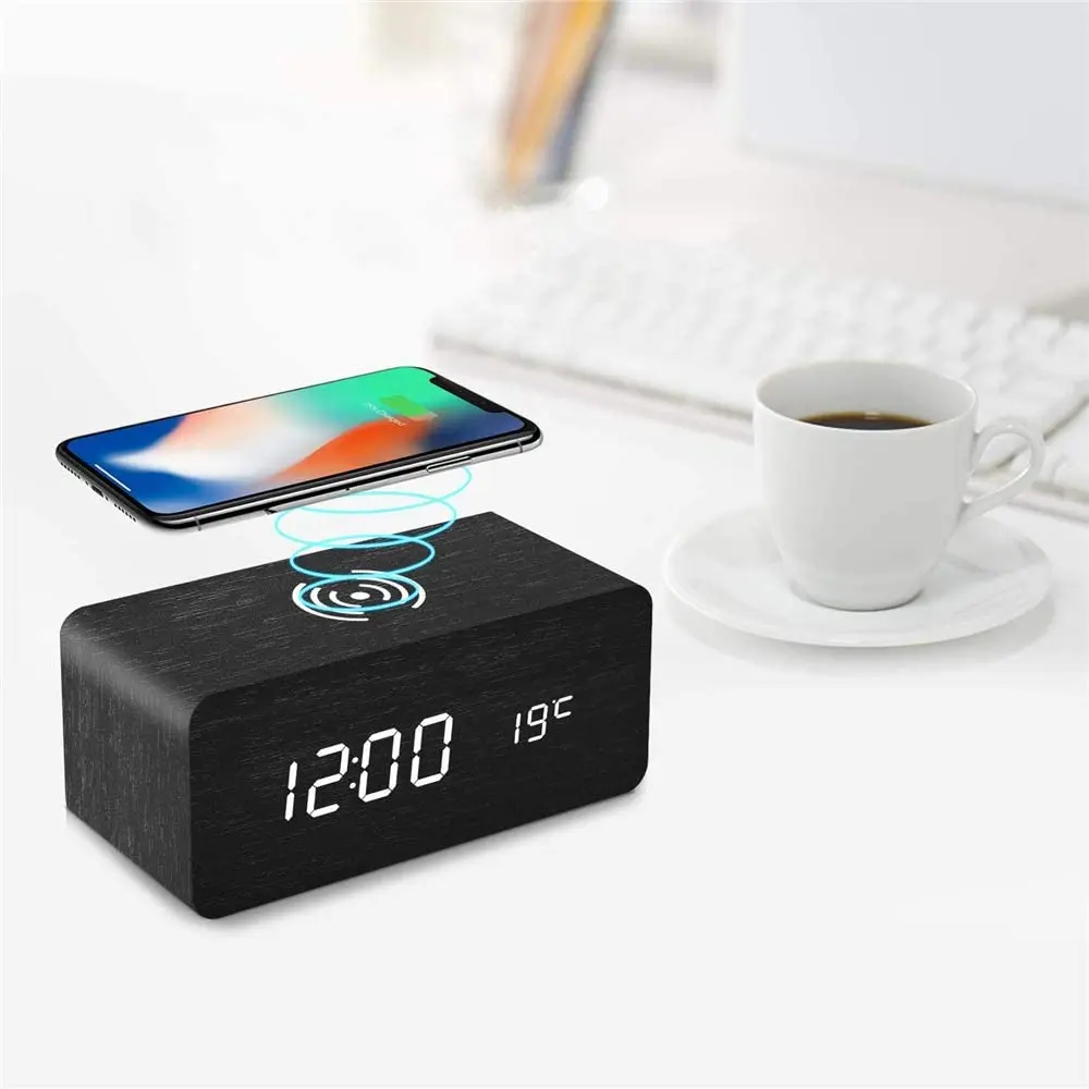 

10W Quick Wireless Charging for iPhone Samsung Wood Digital LED Desk Clock for Bedroom Adjustable Bright
